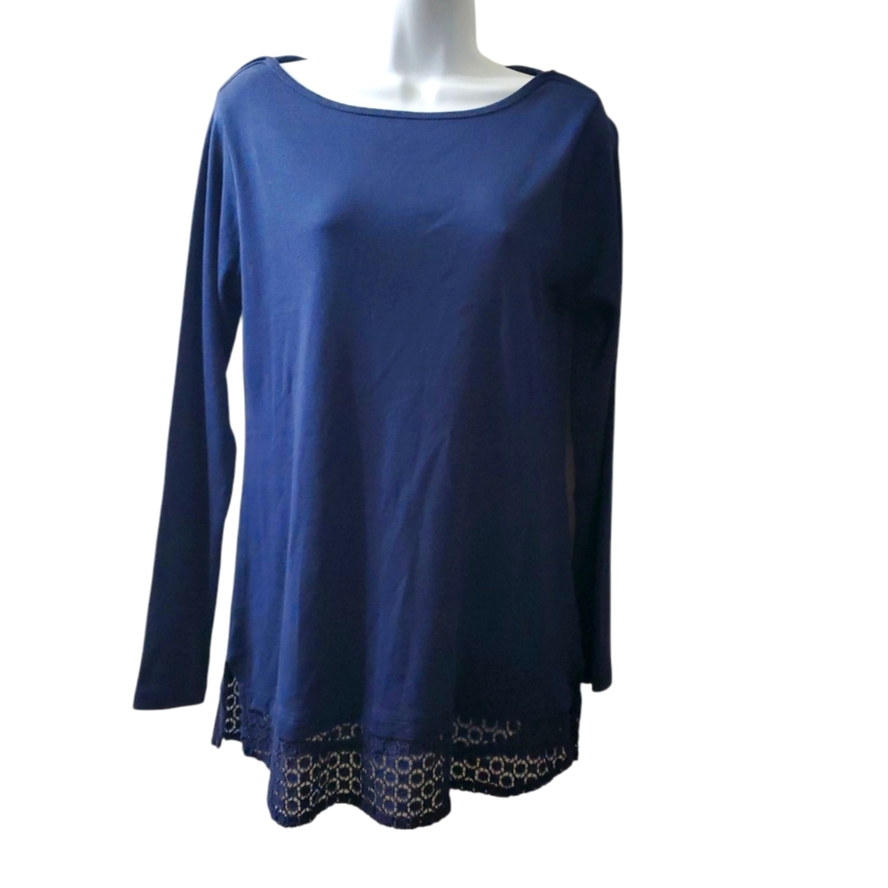 Karen Scott Womens Navy Blue Longsleeve Tee Shirt Lace Trim